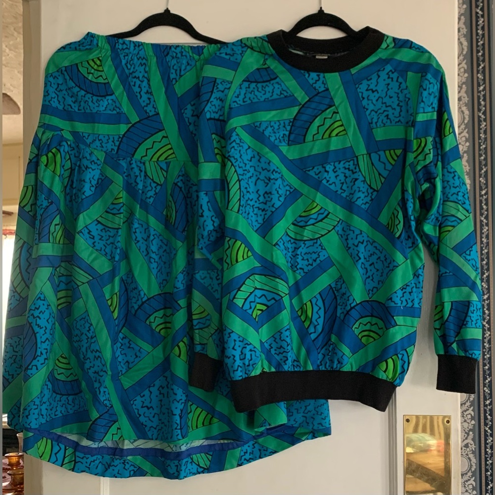 Vtg 80s Private Club Top Skirt Set Multicolor Lg Green Blue Turquoise Retro